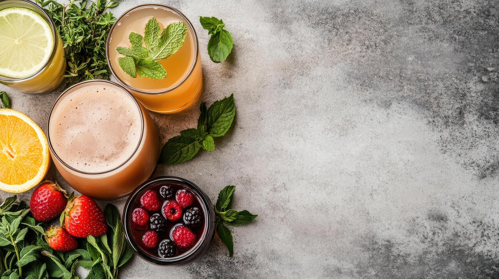 A variety of juices and fruits are arranged on a table photo