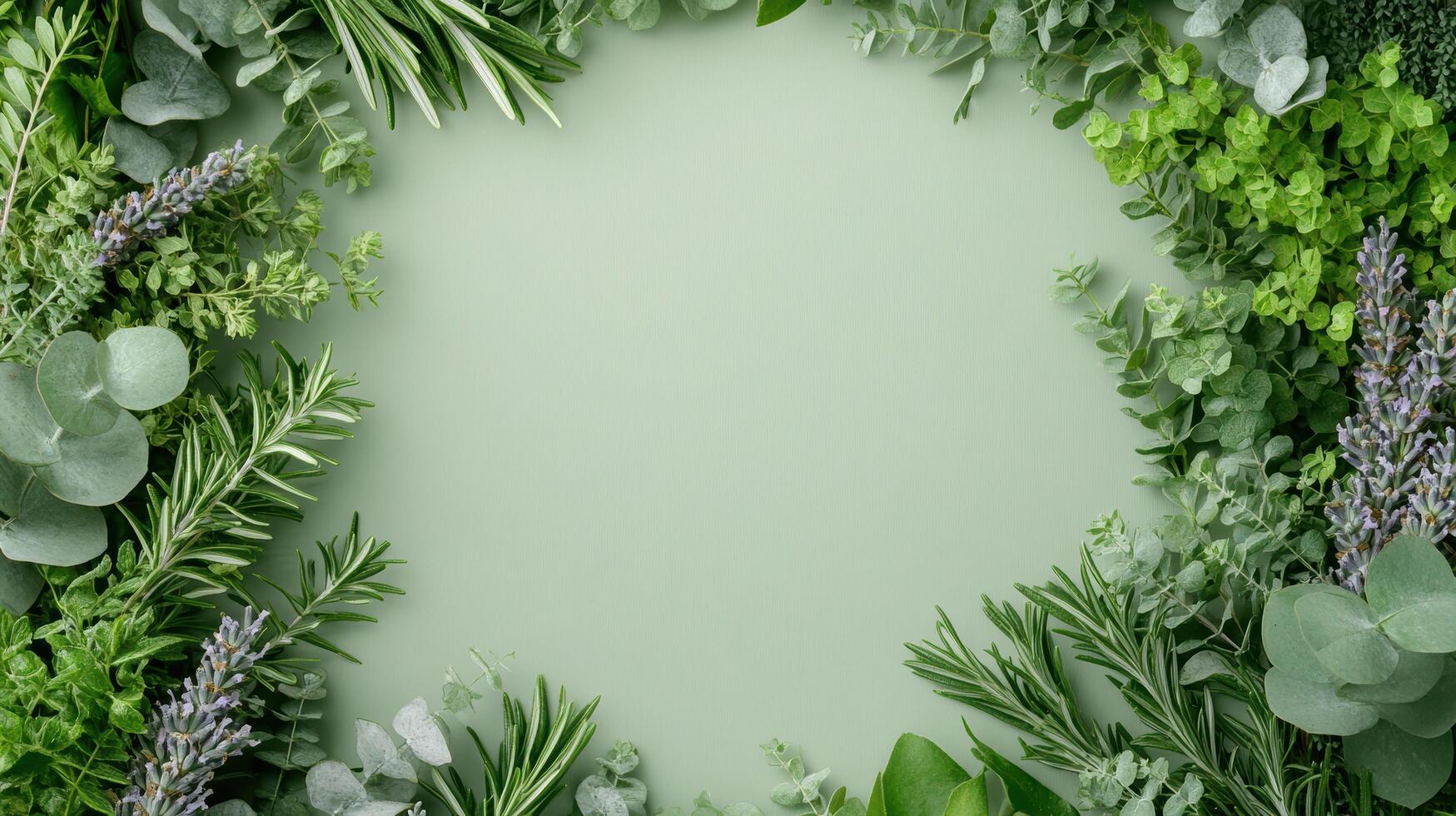 Green herbs and leaves frame on a white background photo