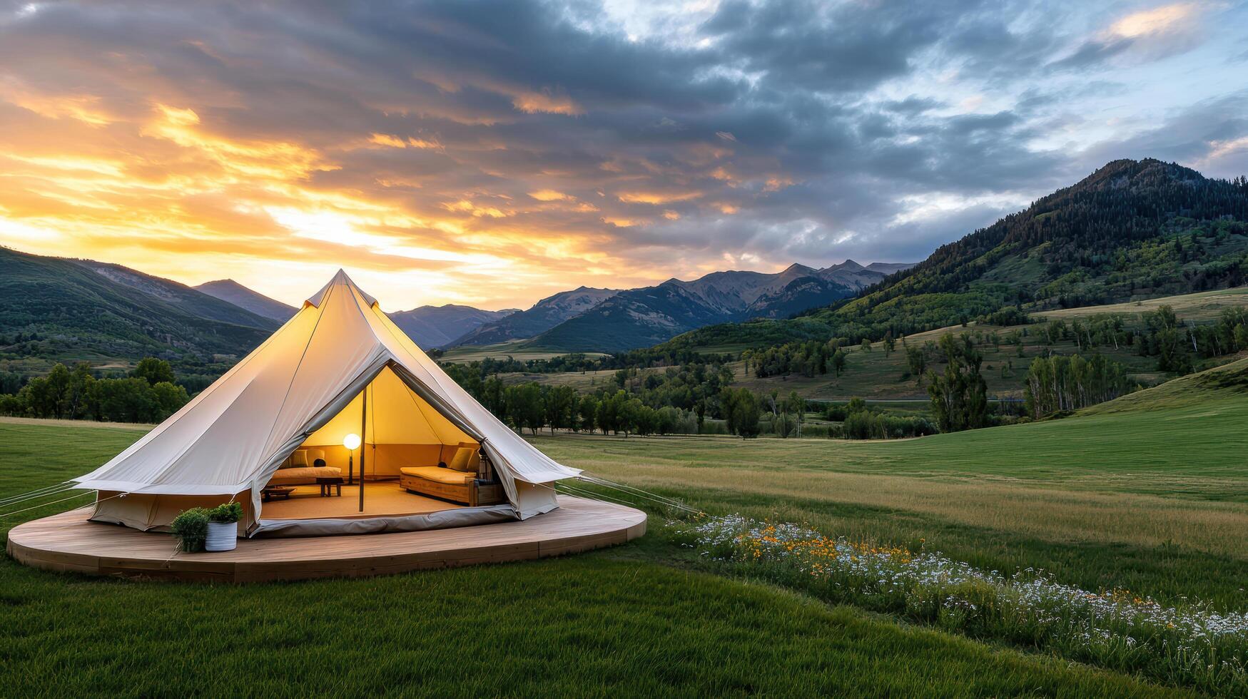 A tent in the middle of a field with mountains in the background photo