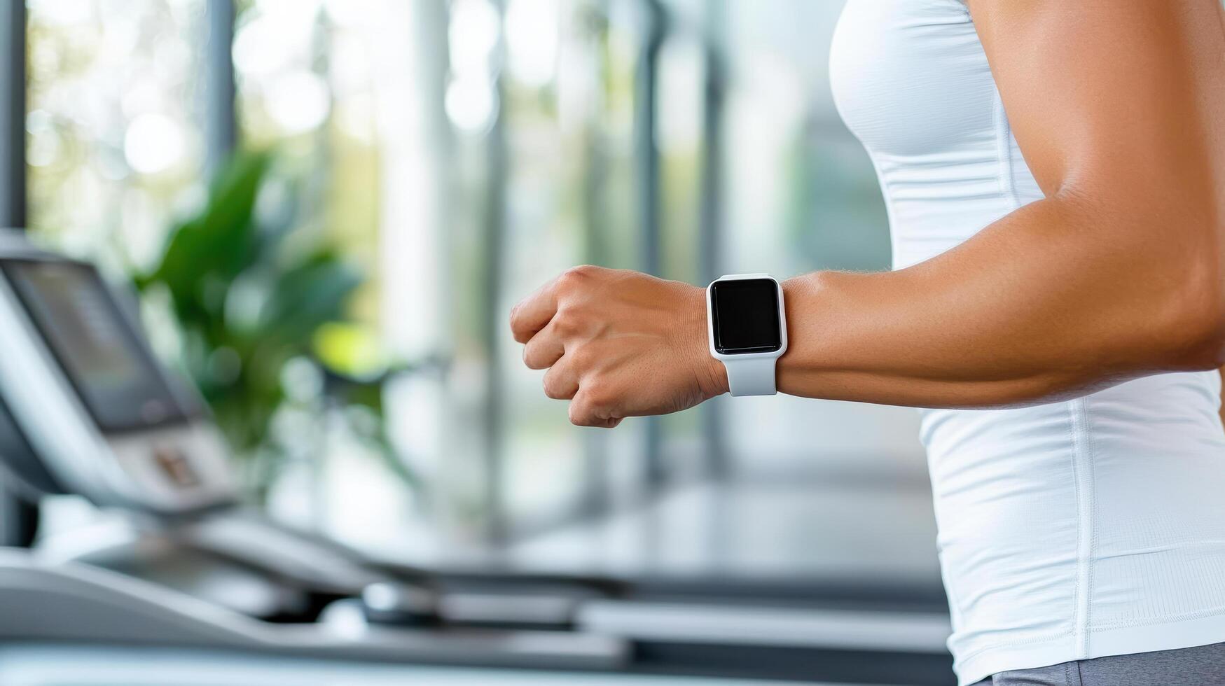 A woman is running on a treadmill with a smart watch on her wrist photo