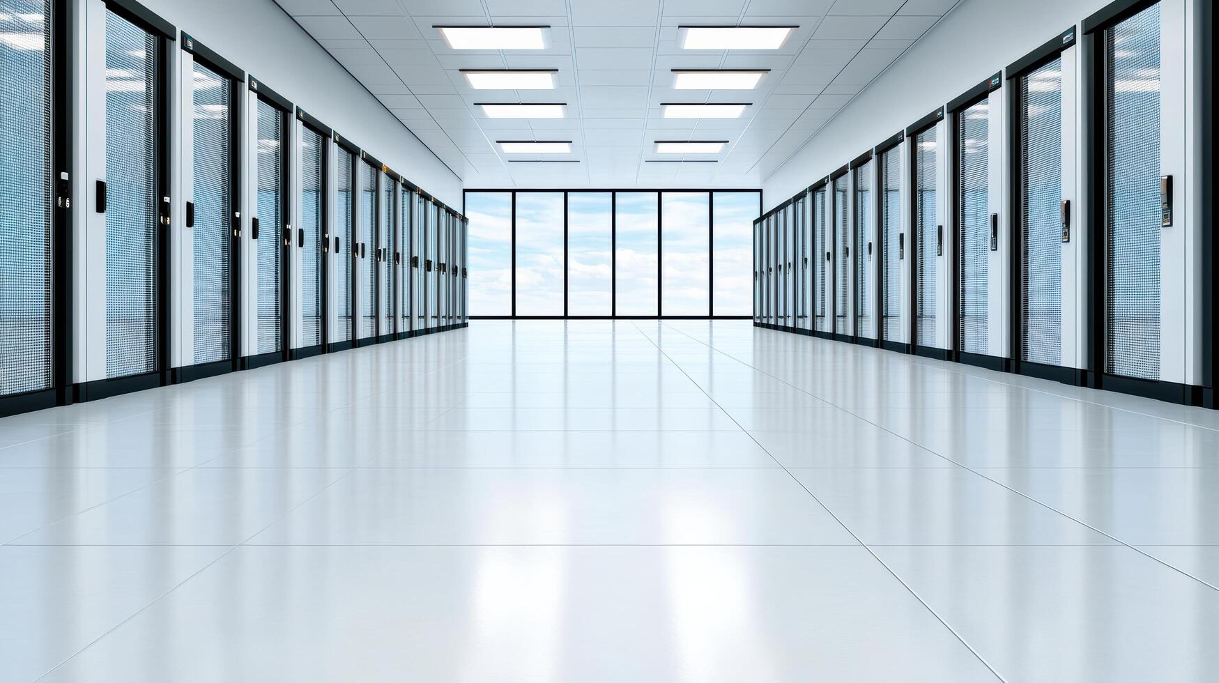 A long hallway with many servers in a data center photo
