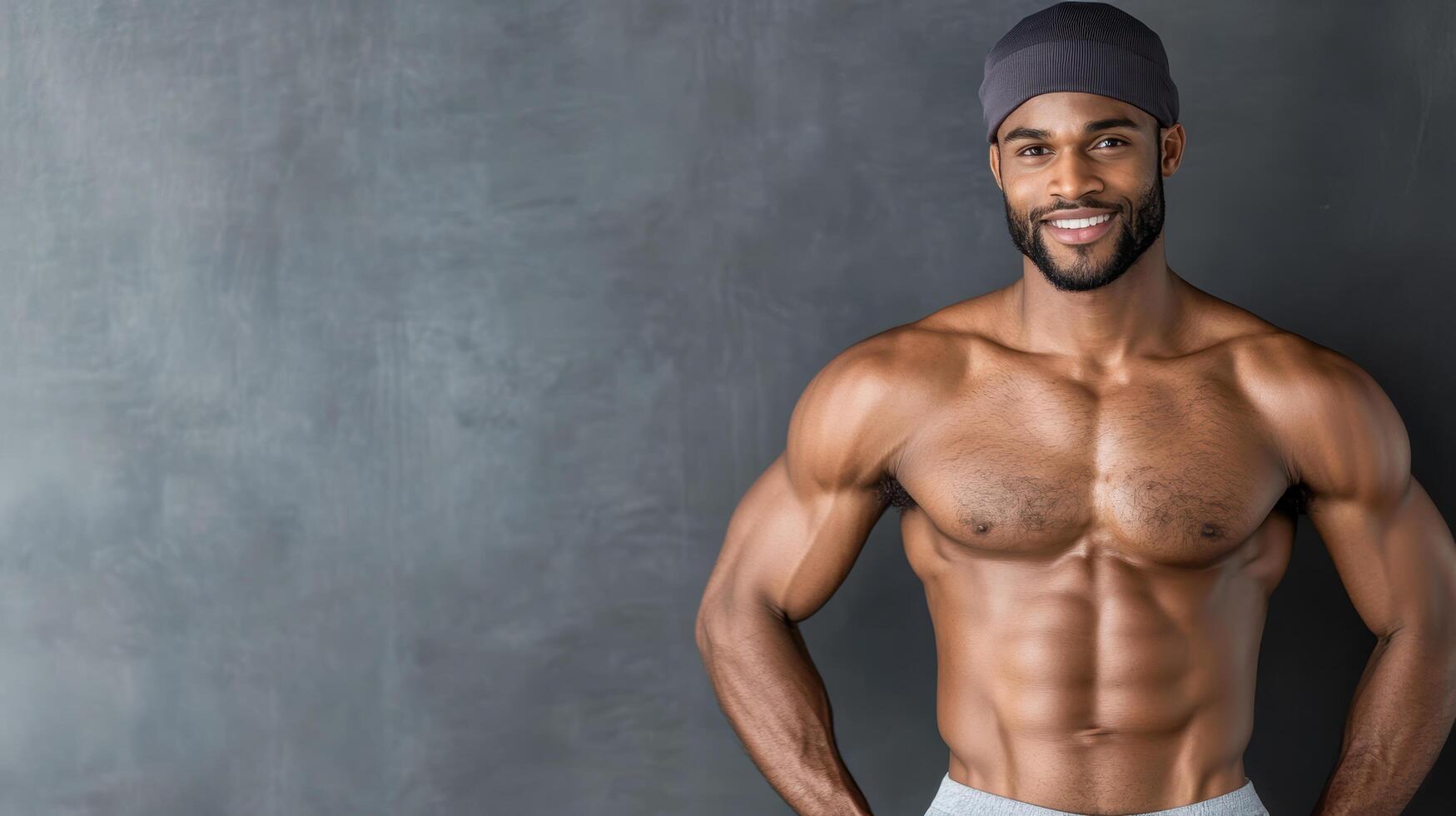A man with a bodybuilde standing in front of a gray wall photo