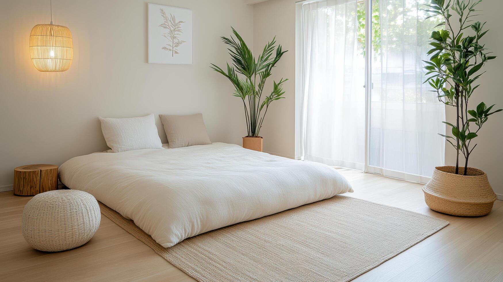 A white bed with a white pillow and a potted plant photo
