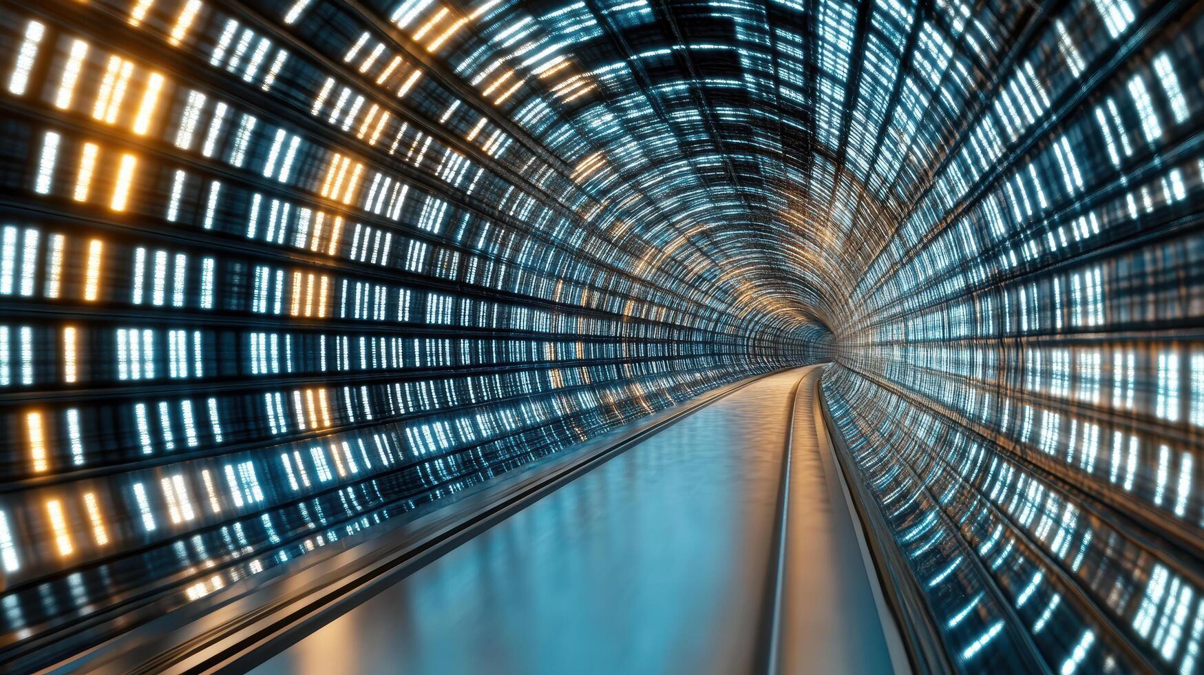 A tunnel with lights and a train going through it photo