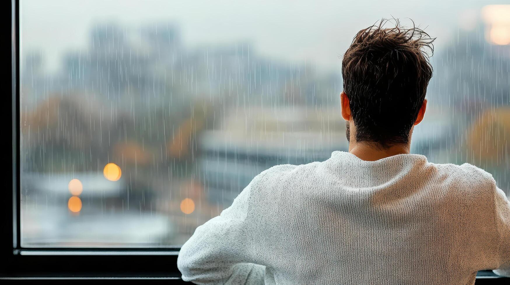 A man looking out a window at a city photo