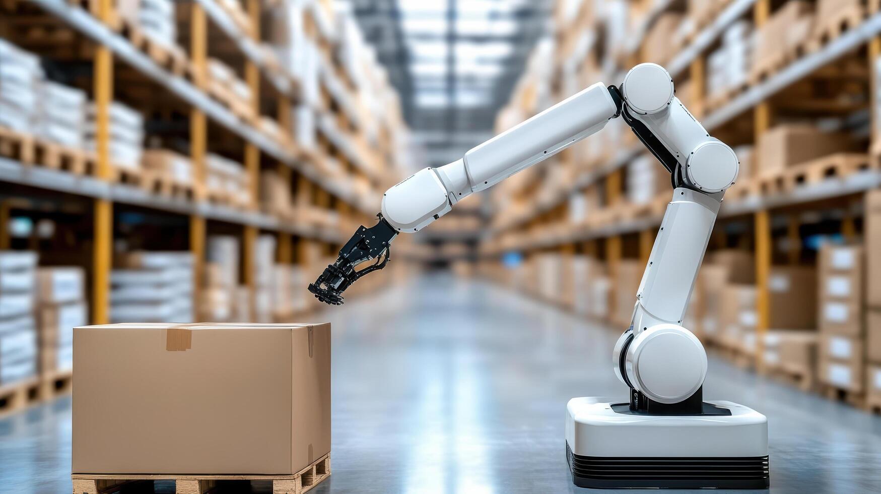 A robotic arm is moving a box in a warehouse photo