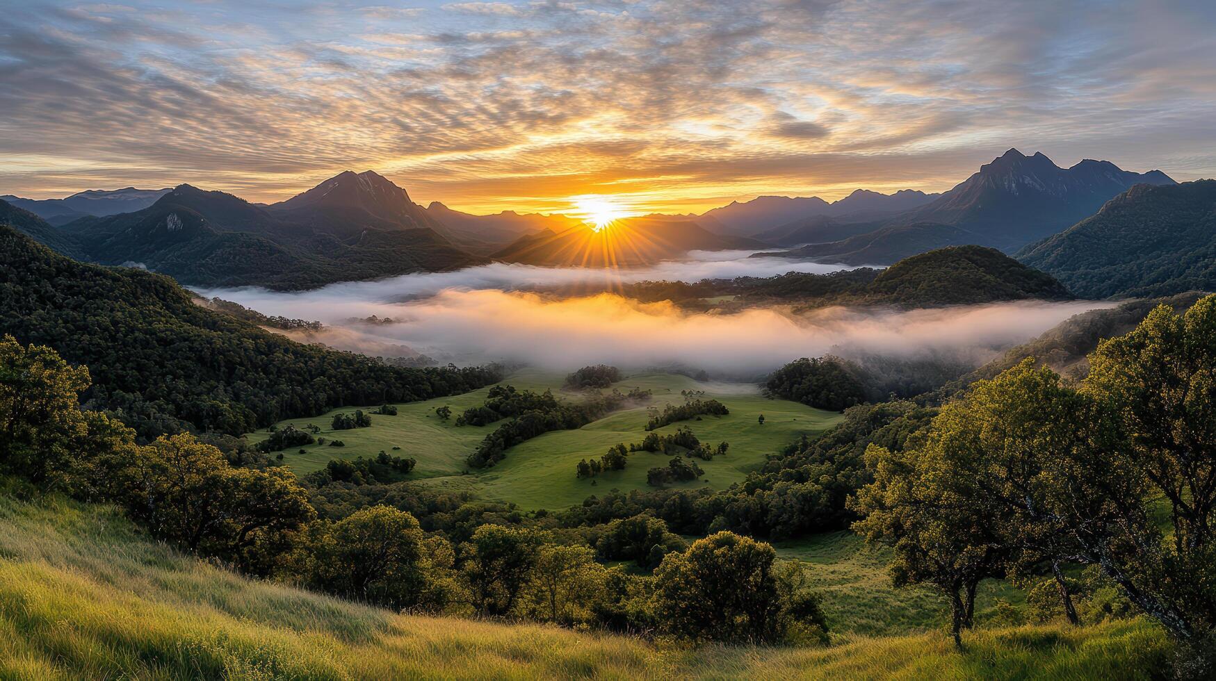 The sun rises over a valley with trees and grass photo