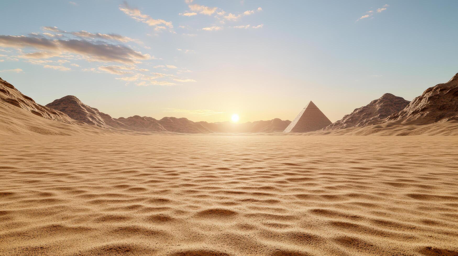 A desert scene with a pyramid in the middle photo