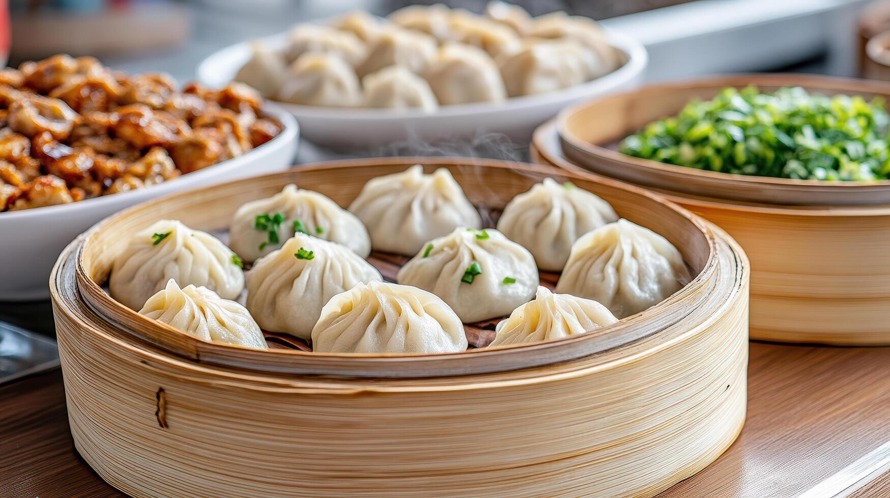 Dumplings are served in bowls on a wooden table photo