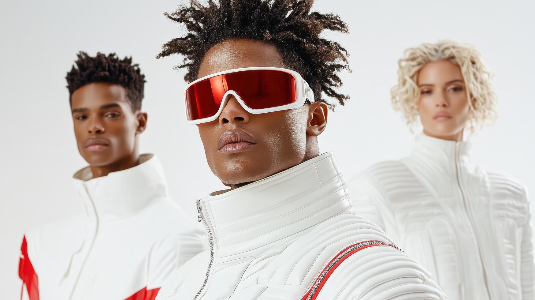 Three people wearing white and red sunglasses photo