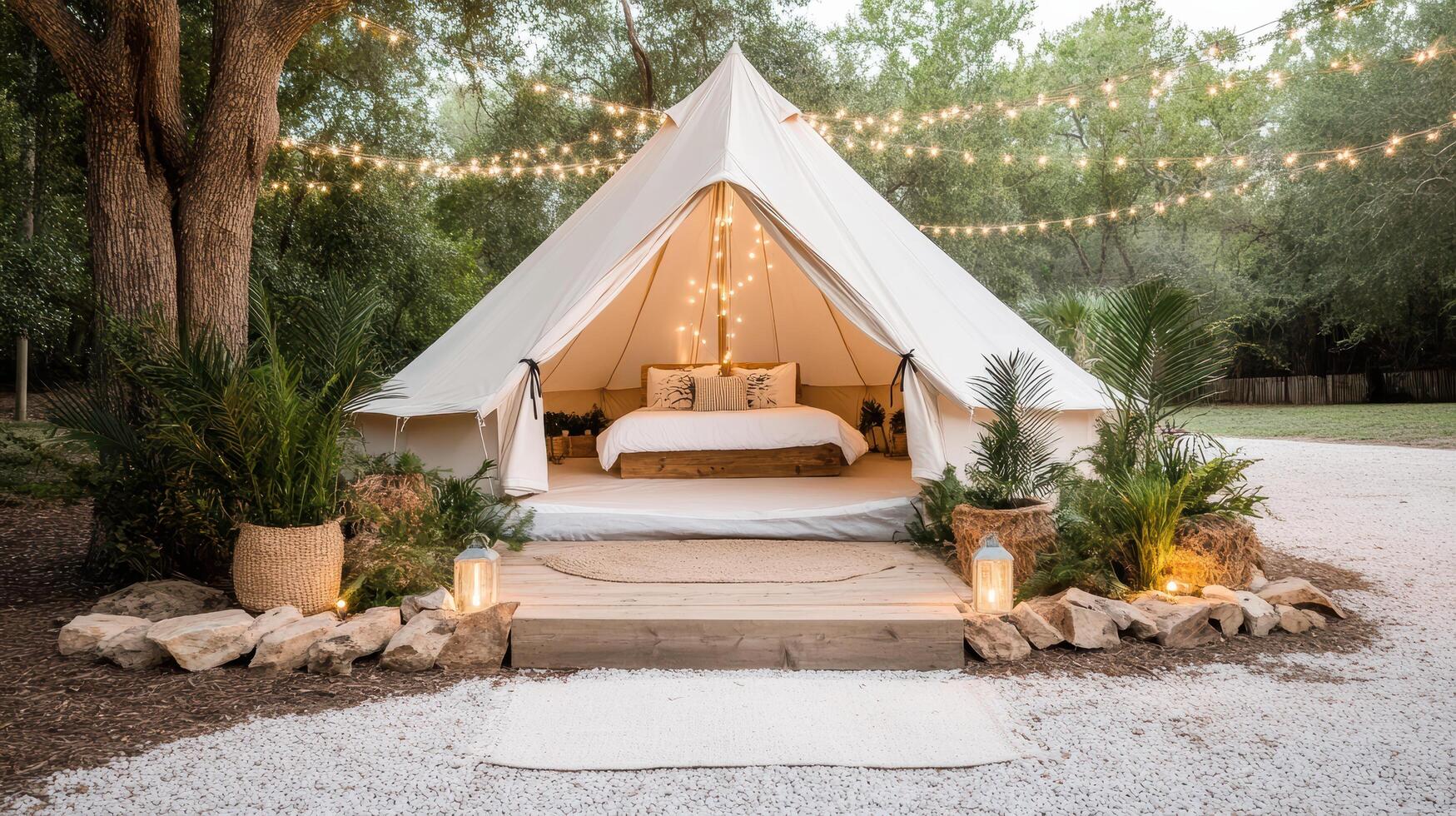 A tent with a bed and lights strung around it photo