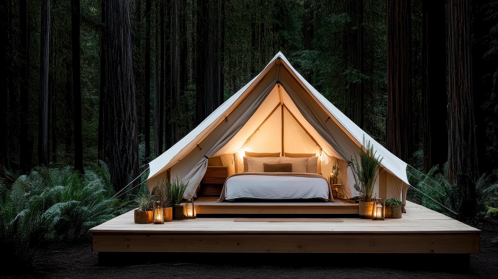 A tent in the woods with a bed and candles photo