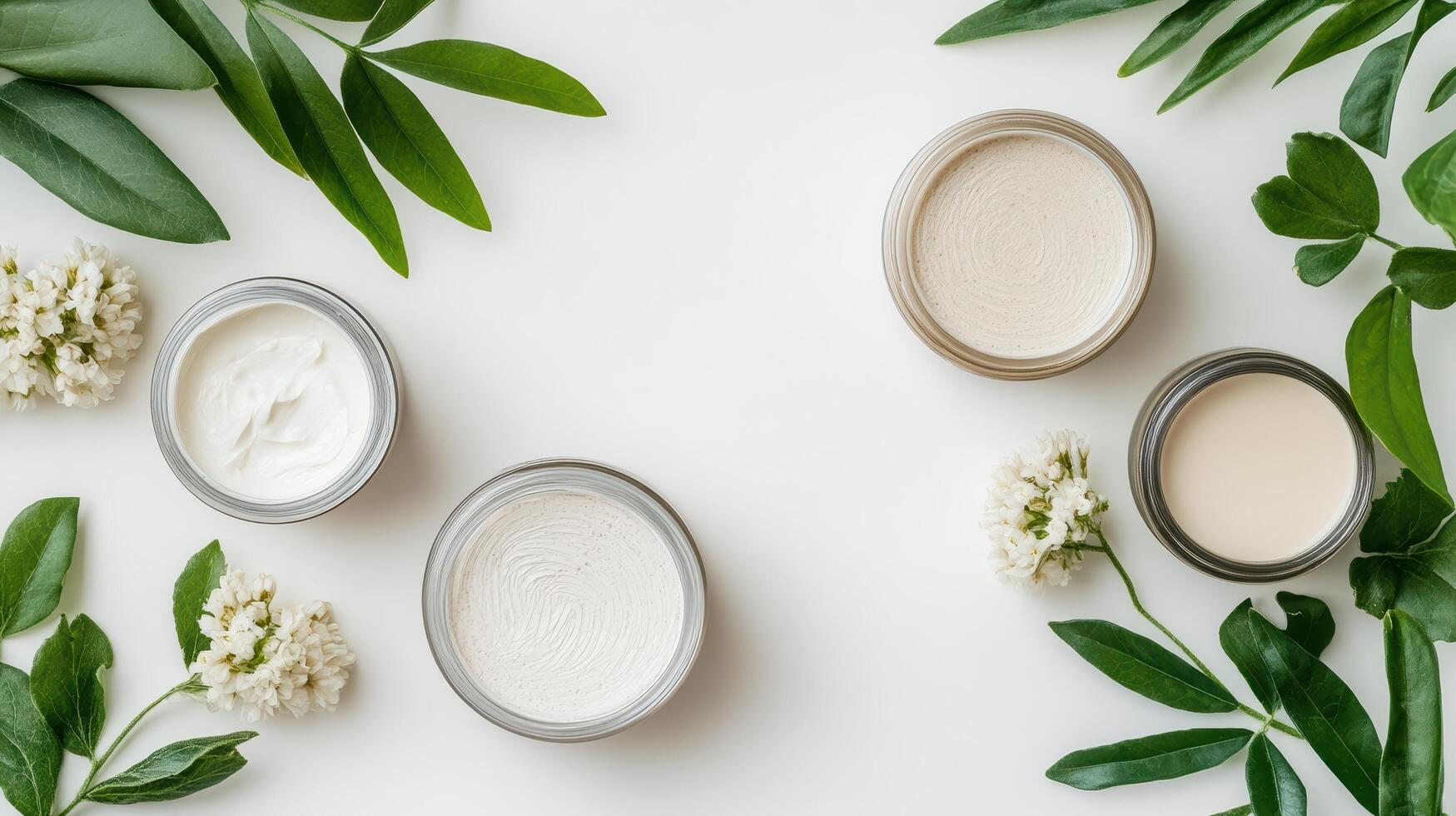 Various types of creams and lotions on a white background photo