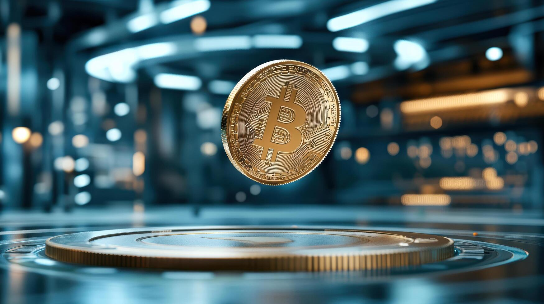 Bitcoin coin on the table with blurred background photo
