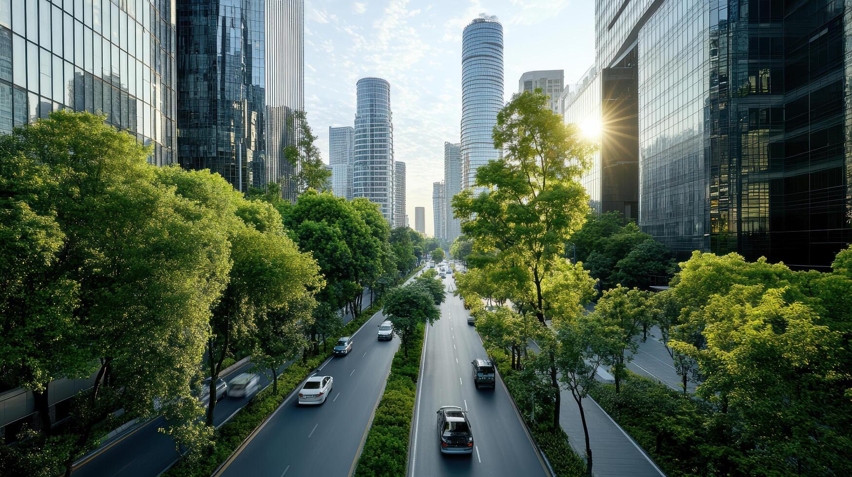 Cars driving down a city street with tall buildings in the background photo