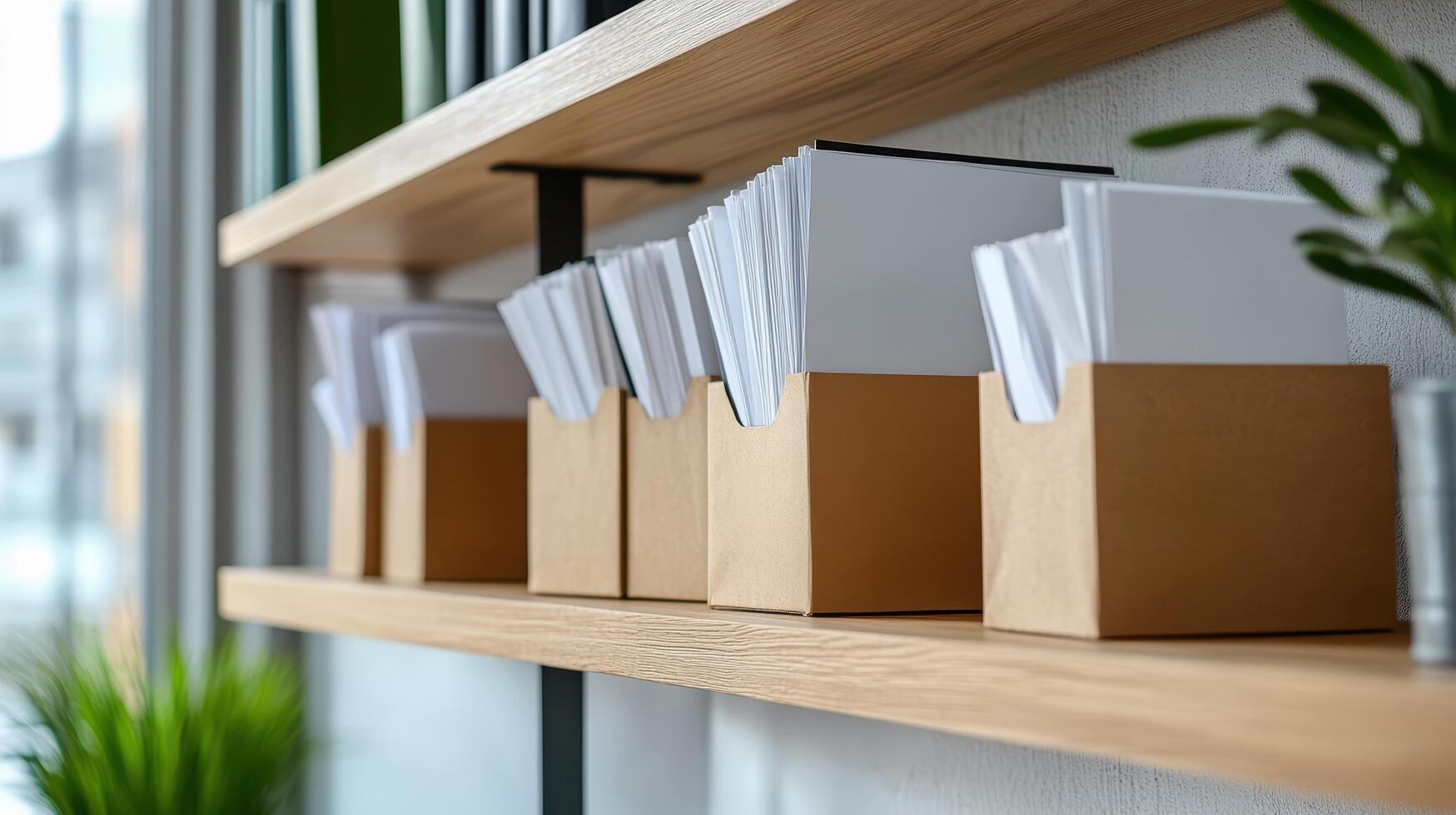 A shelf with several boxes of paper and a plant photo