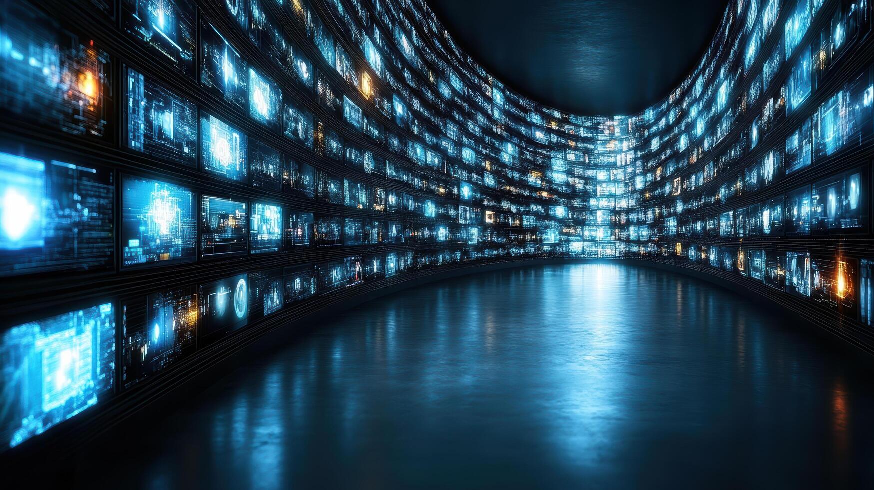 A tunnel with many screens showing different images photo