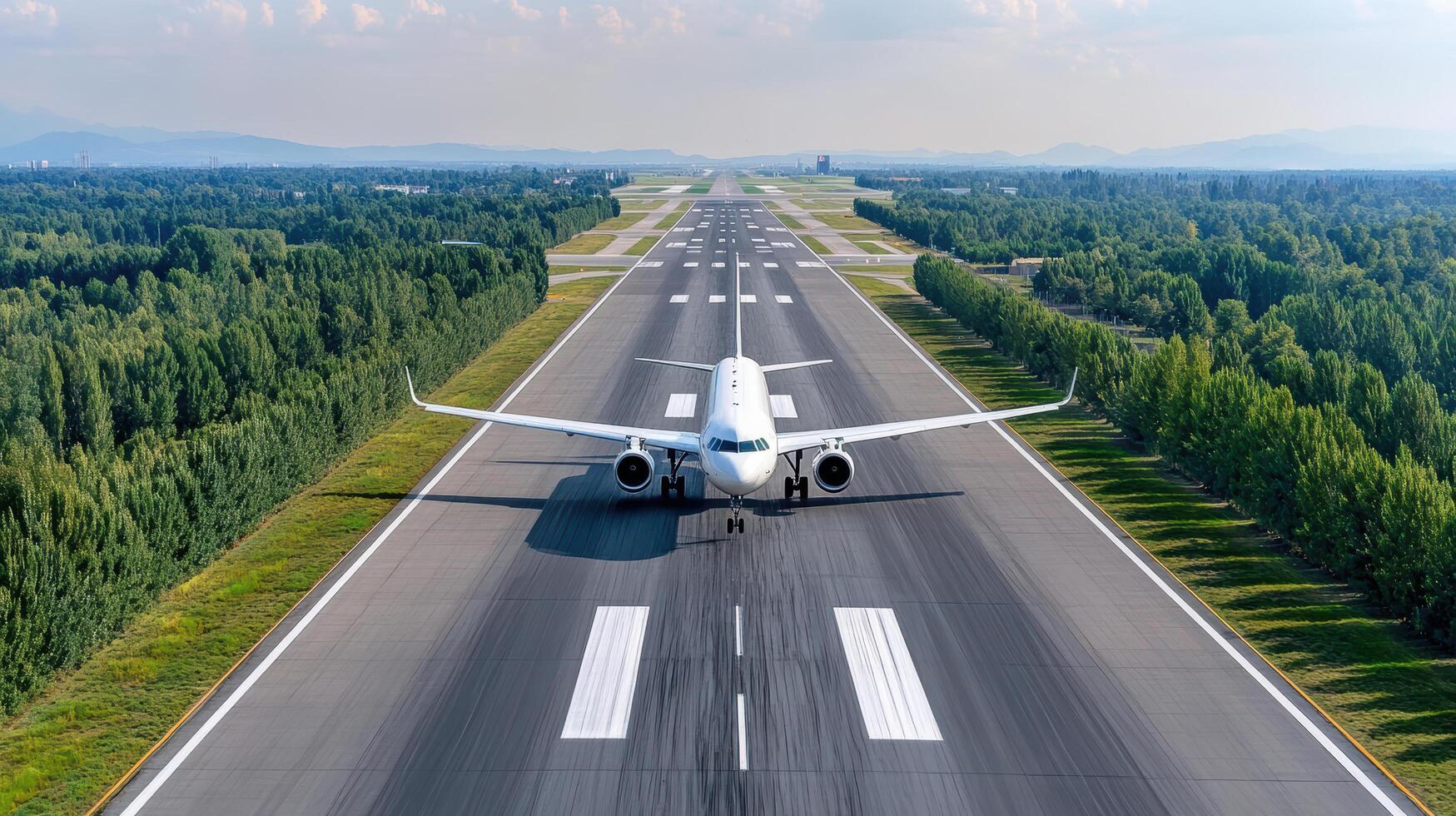An airplane is taking off from an airport runway photo