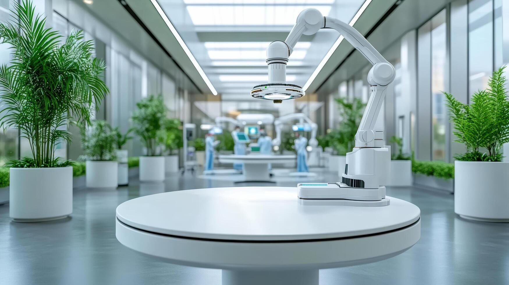 A robot is sitting on a table in a large room photo