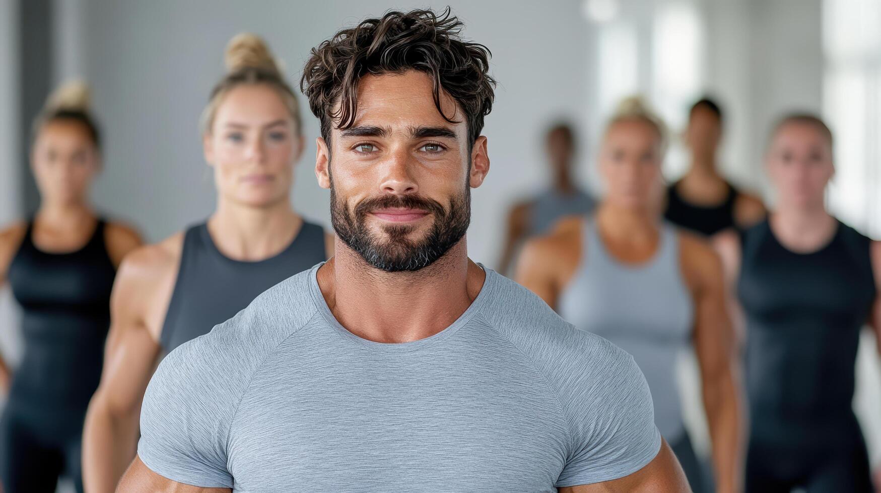 A man with a beard and a shirt is standing in front of a group of people photo