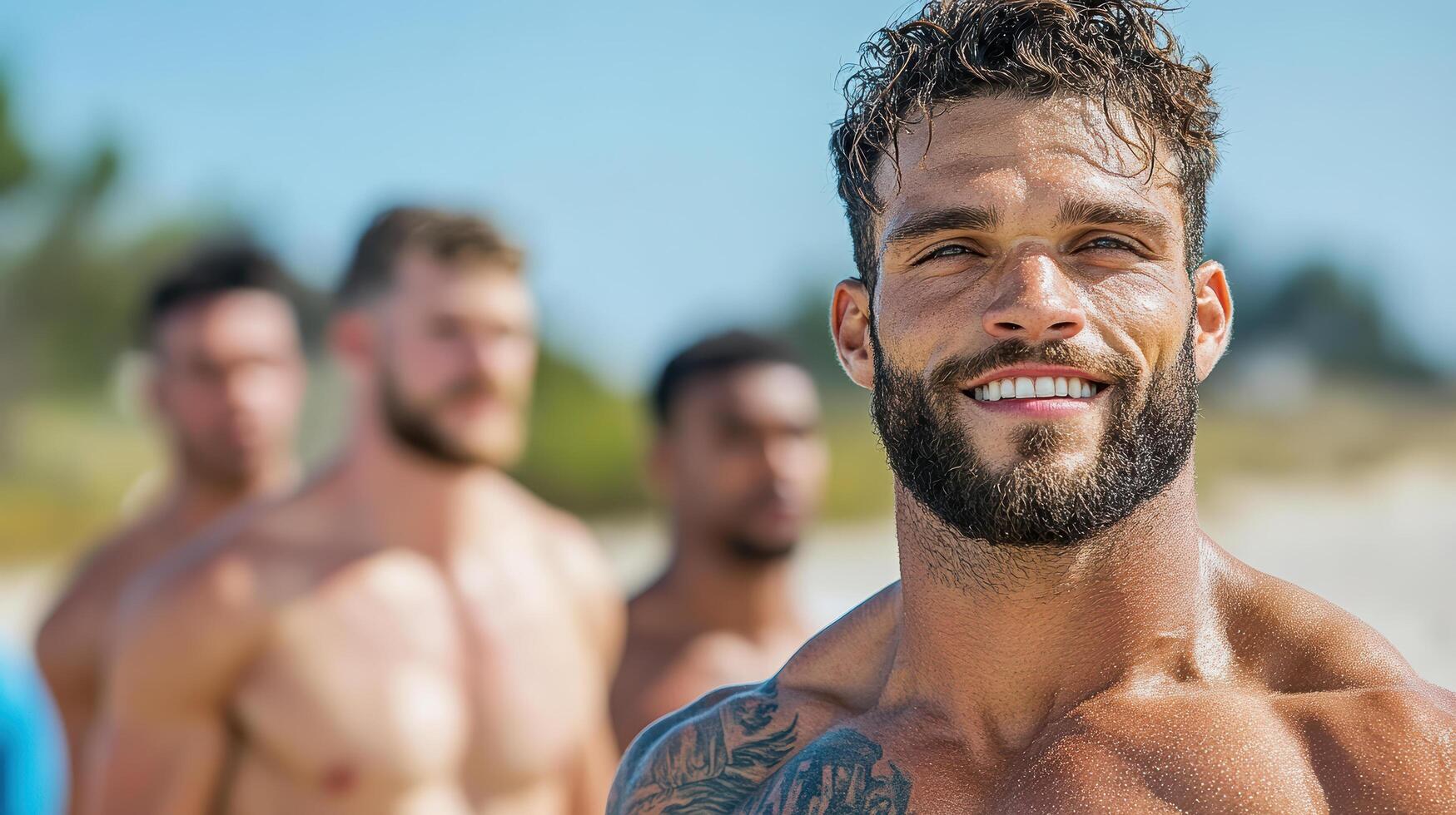 A shirtless man standing in front of a group of men photo