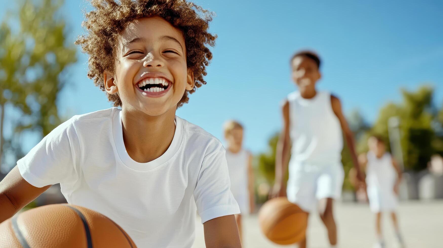 A boy is smiling while holding a basketball photo
