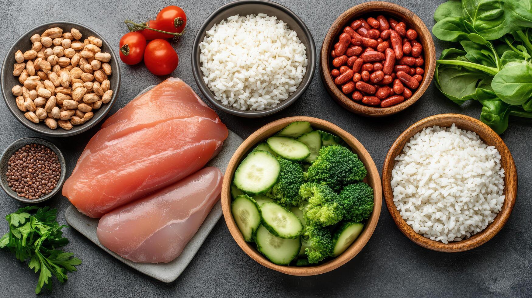 The foods that are in bowls with rice, beans, broccoli, chicken, and other vegetables photo