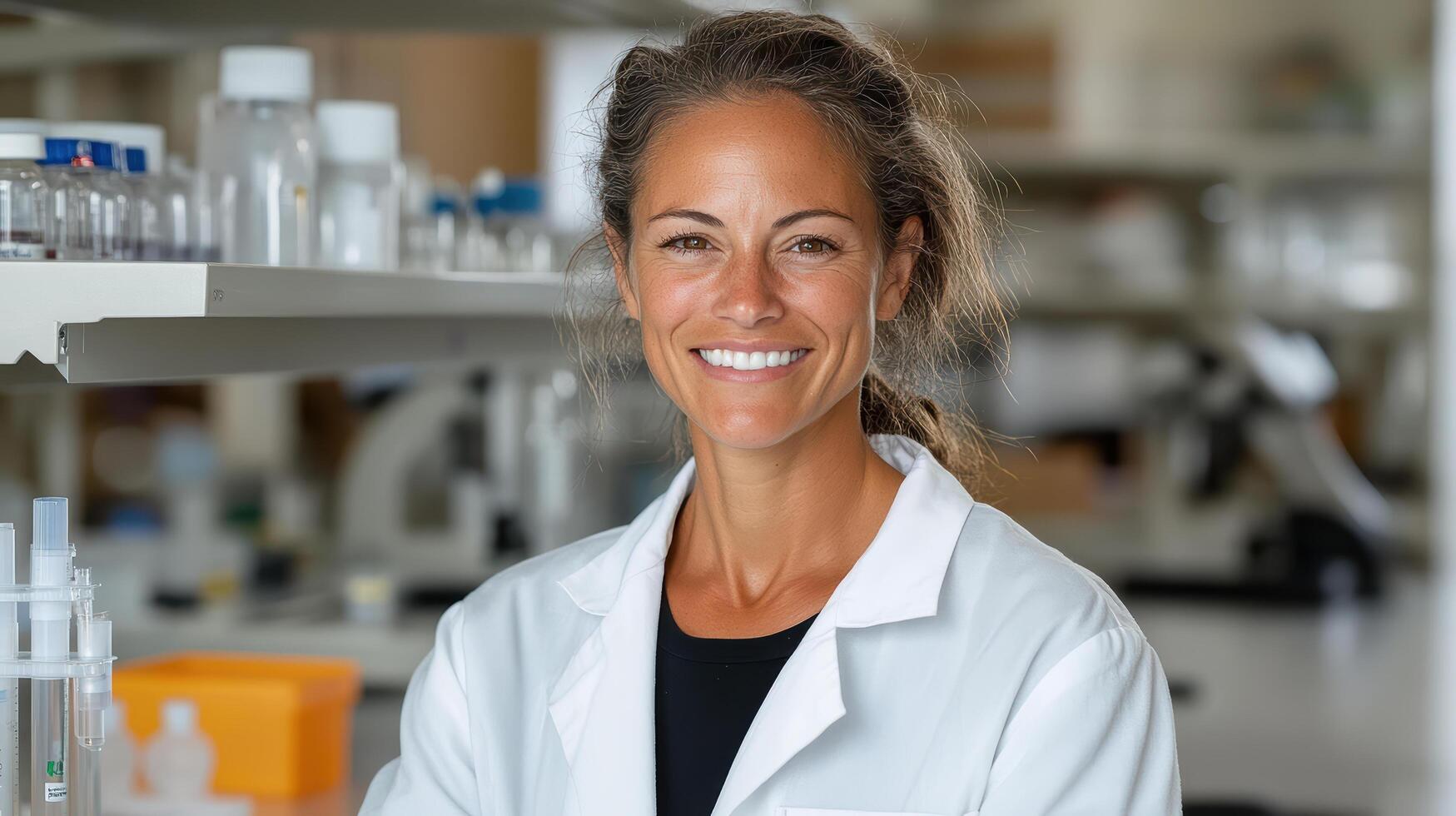 scientist smiling in laboratory, showcasing research and innovation photo