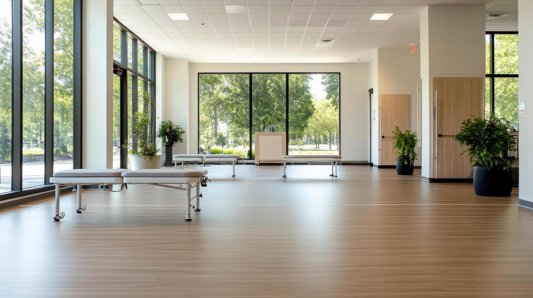 spacious rehabilitation facility with large windows and plants photo