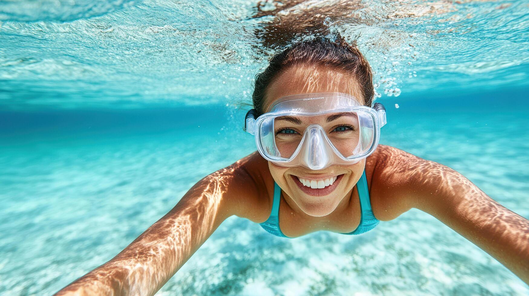 Snorkeling woman smiling underwater in clear blue ocean photo