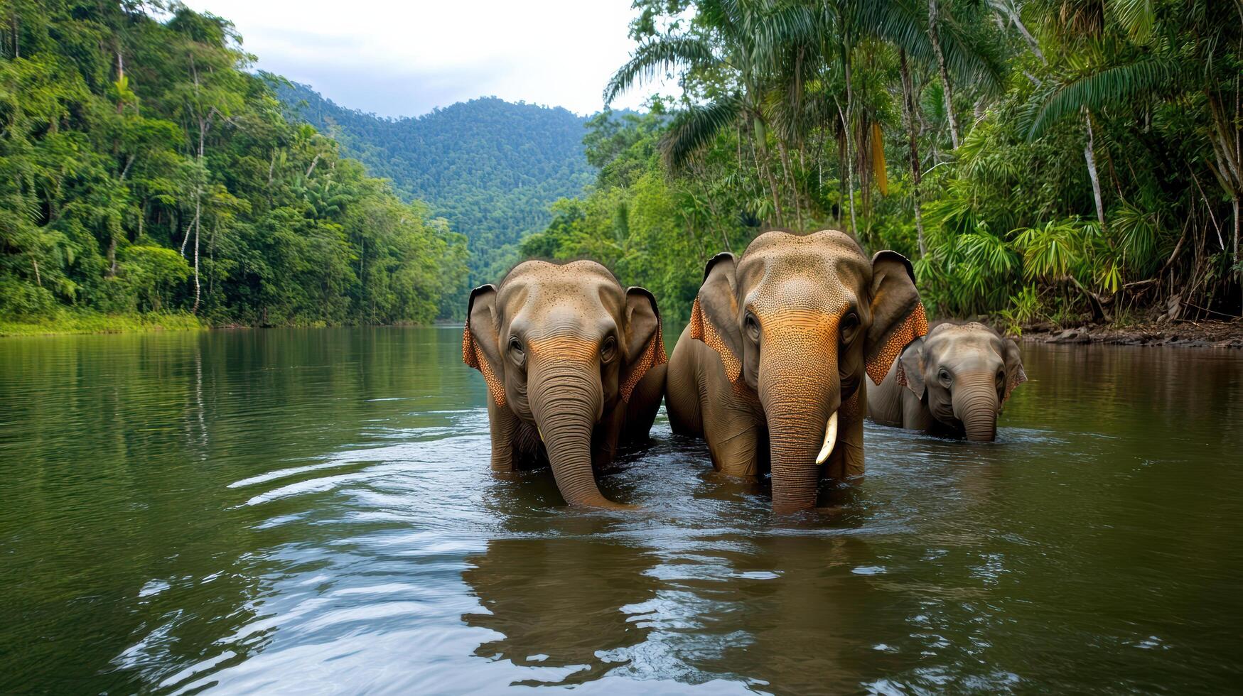 Three elephants are walking through the water photo