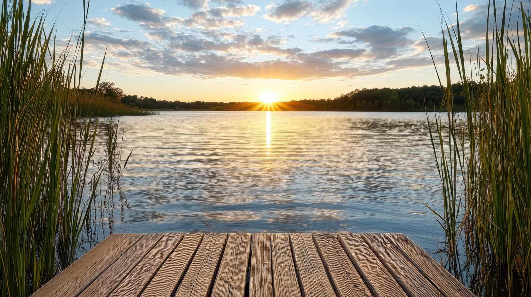 A wooden dock over a lake with grass and reeds photo