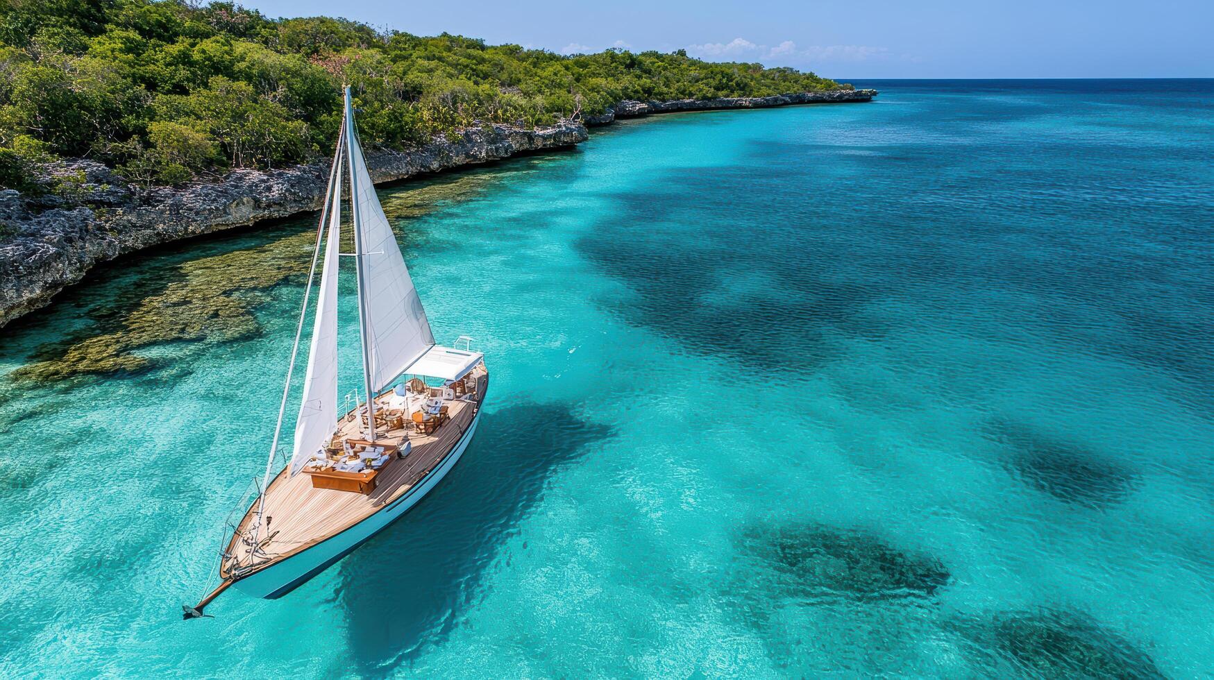 A sailboat floating in the ocean near a rocky shore photo