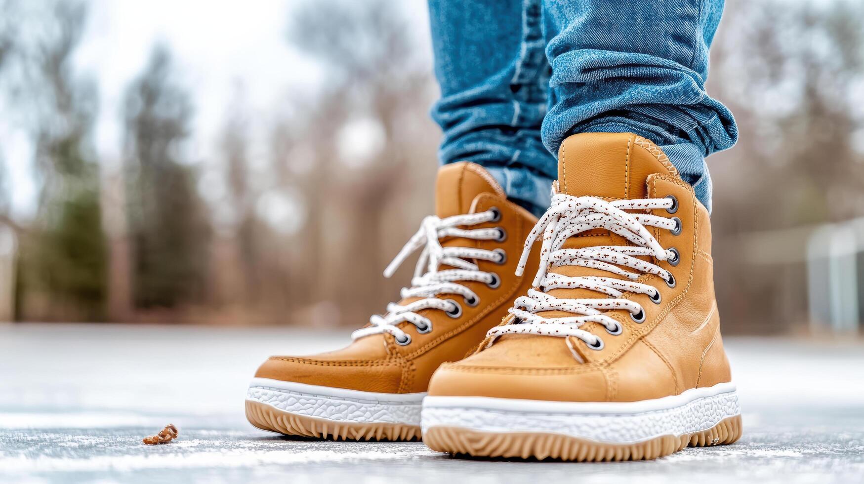 A person wearing tan boots on a snowy surface photo