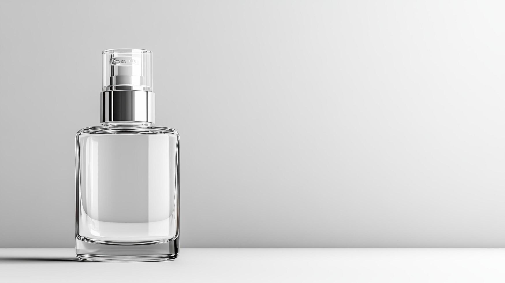 A clear glass bottle with a spray on it photo