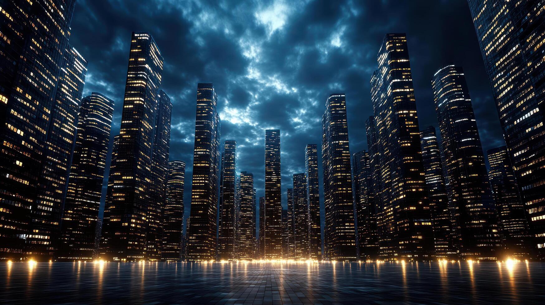 A city with tall buildings and lights at night photo