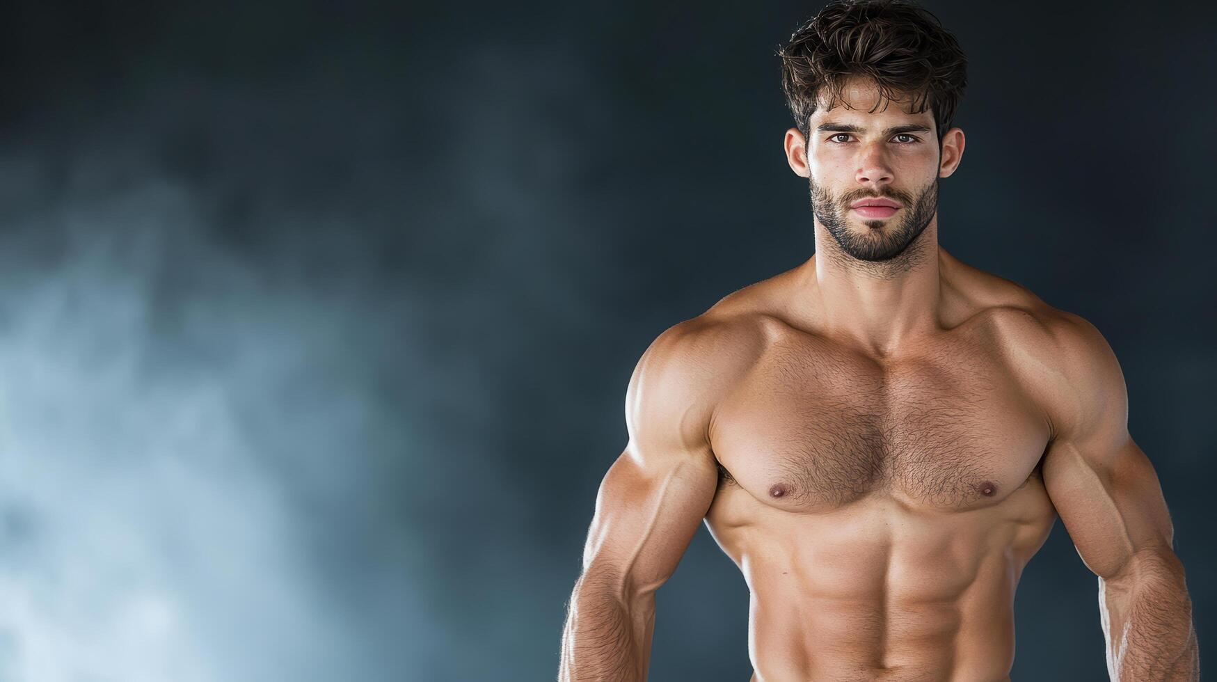 A man with a muscular body standing in front of a dark background photo