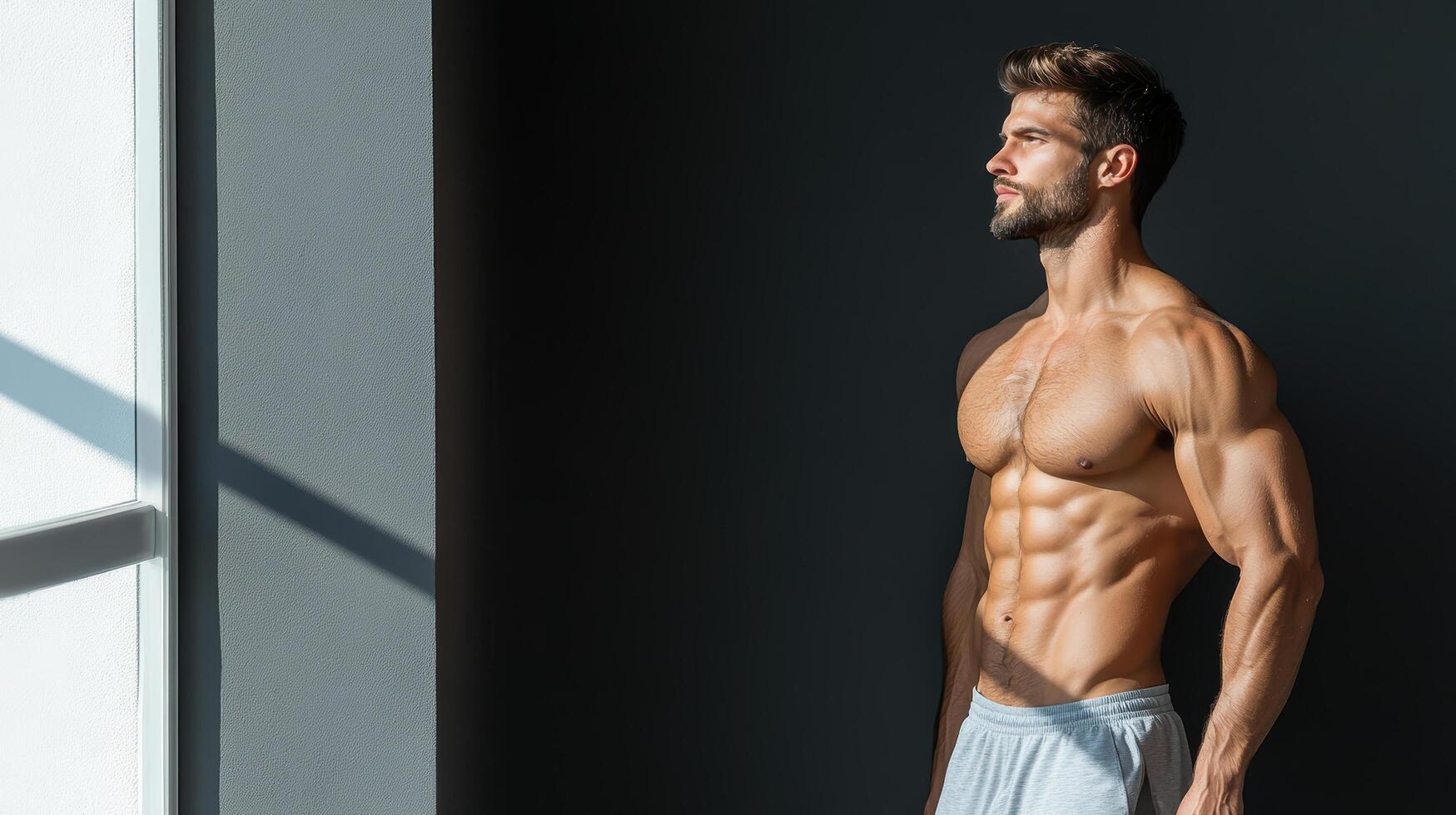 A man standing in front of a window with his shirt off photo