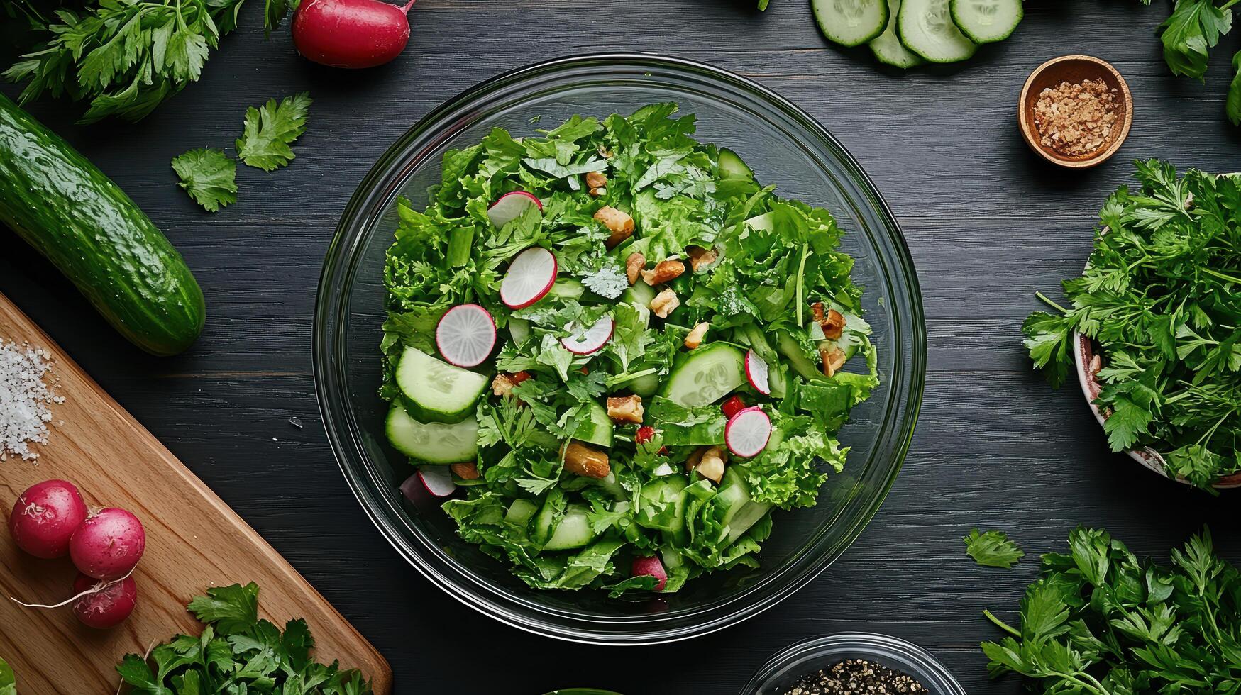 A salad with radishes, cucumbers and other vegetables photo
