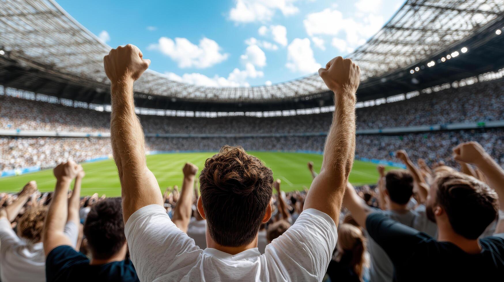 A man is raising his arms in front of a crowd photo