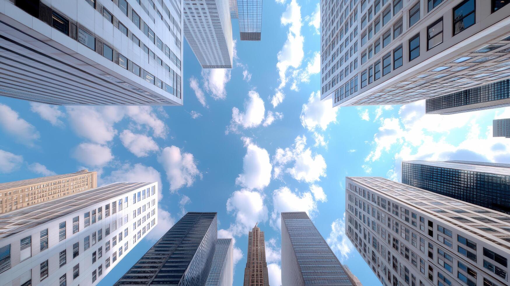 A view of tall buildings looking up at the sky photo