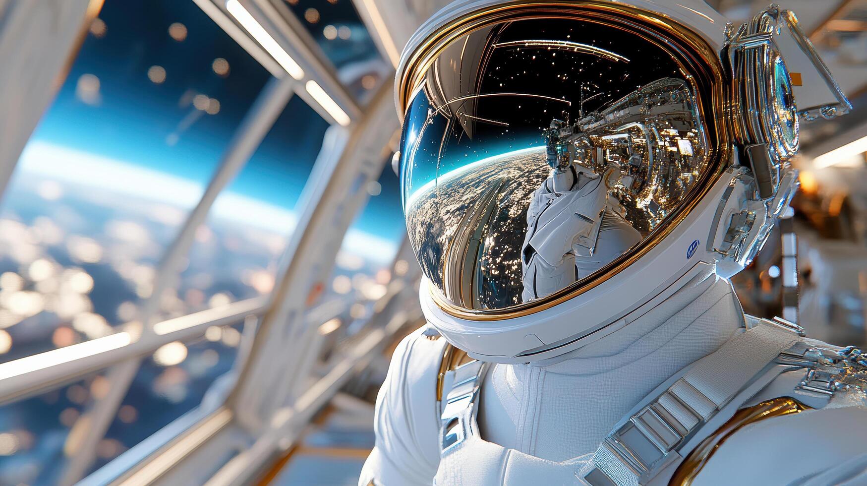An astronaut in space suit with a view of the earth photo