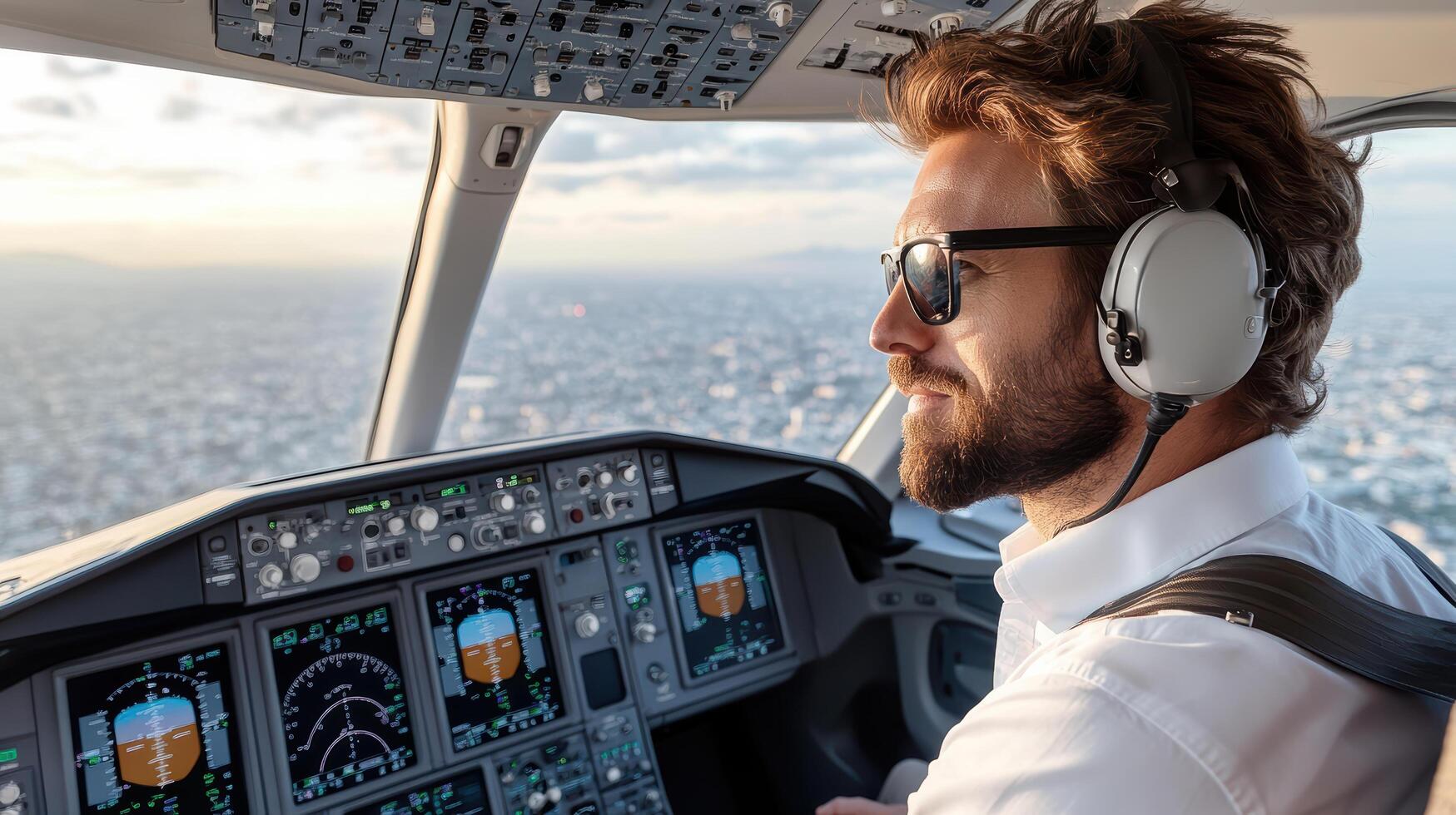 A man in a pilot's uniform is sitting in the cockpit of an airplane photo