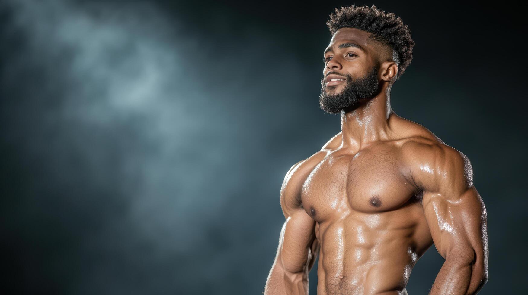 A muscular black man with a beard standing in front of a dark background photo