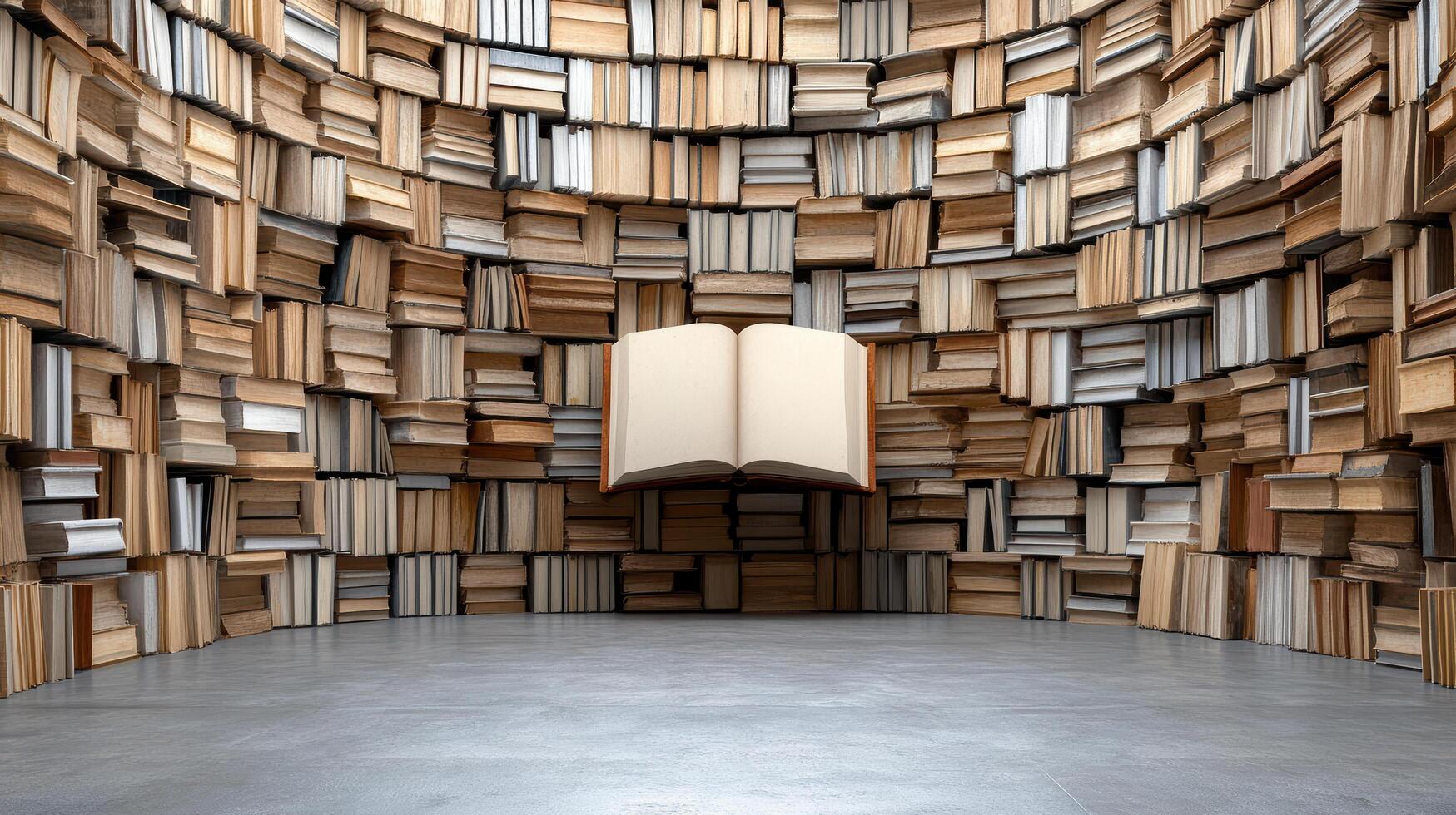 A large room full of books with a book in the middle photo