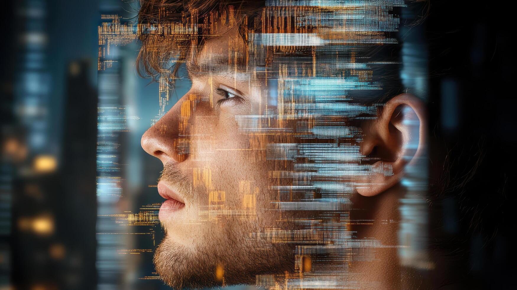 A man with a computer screen in front of him photo