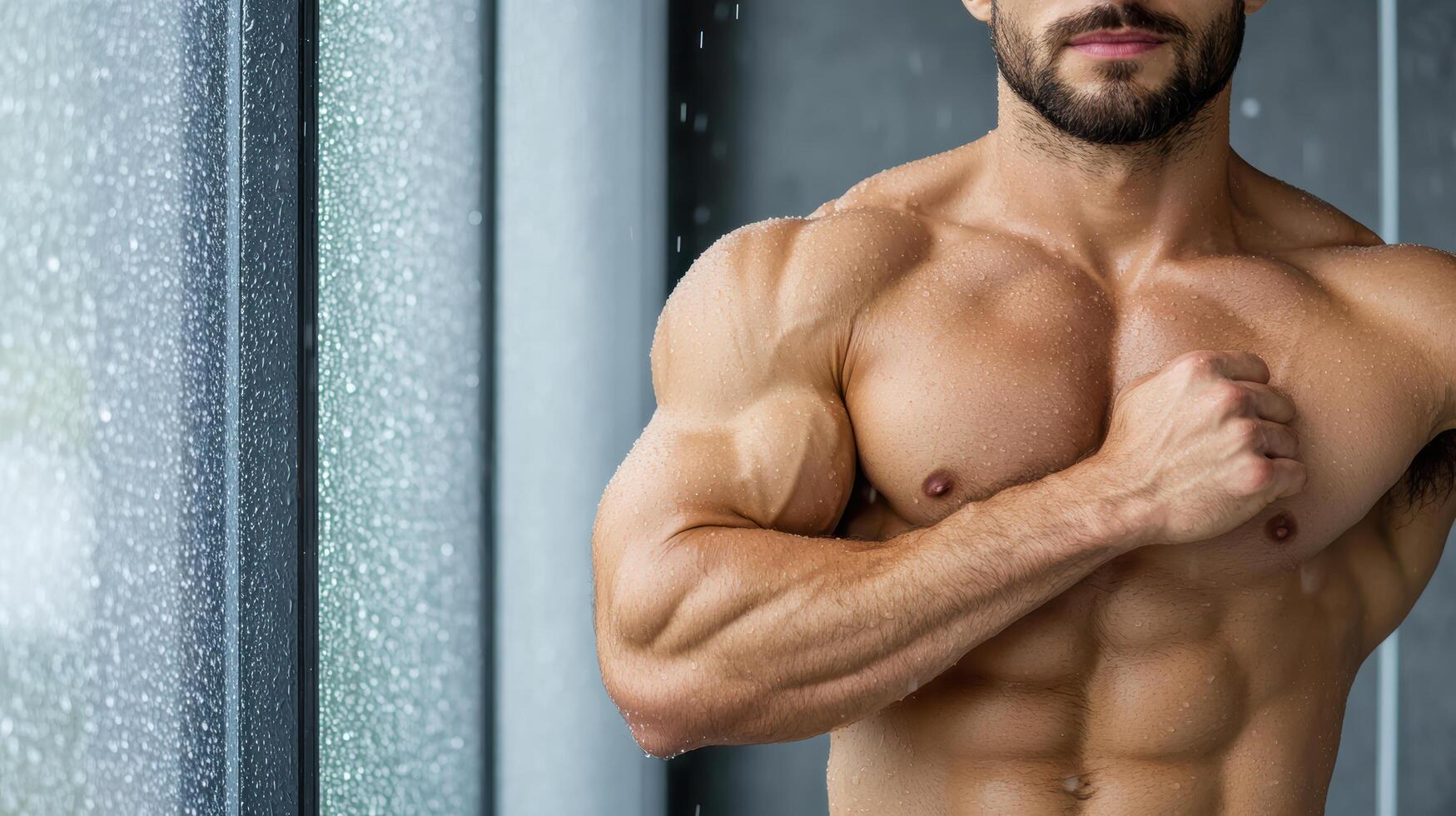 A man with no shirt on standing in front of a window photo