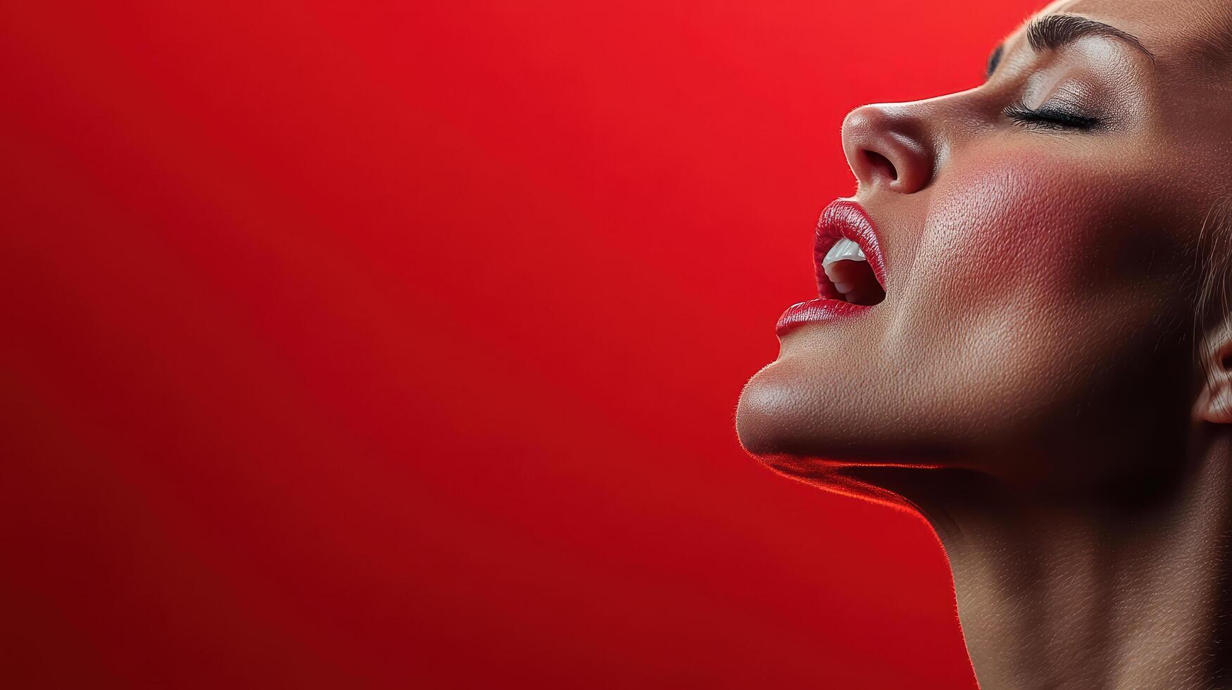 A woman singing on a red background photo