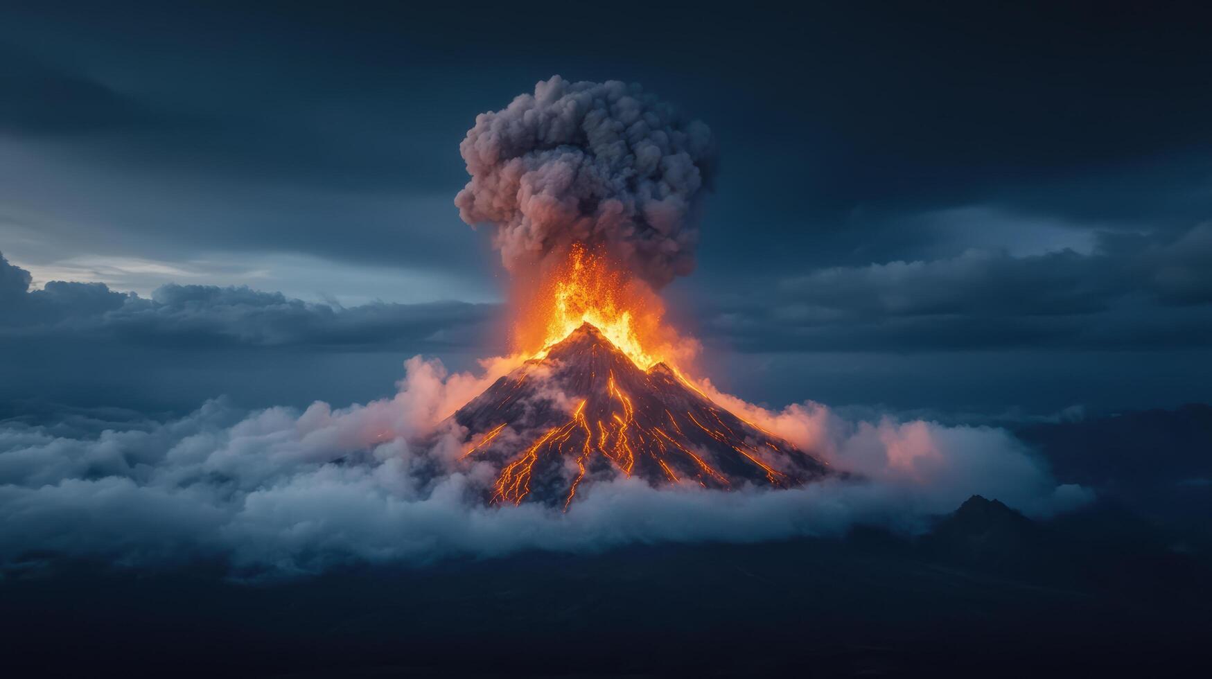 Majestic volcanic eruption with glowing lava and ash clouds rising dramatically photo