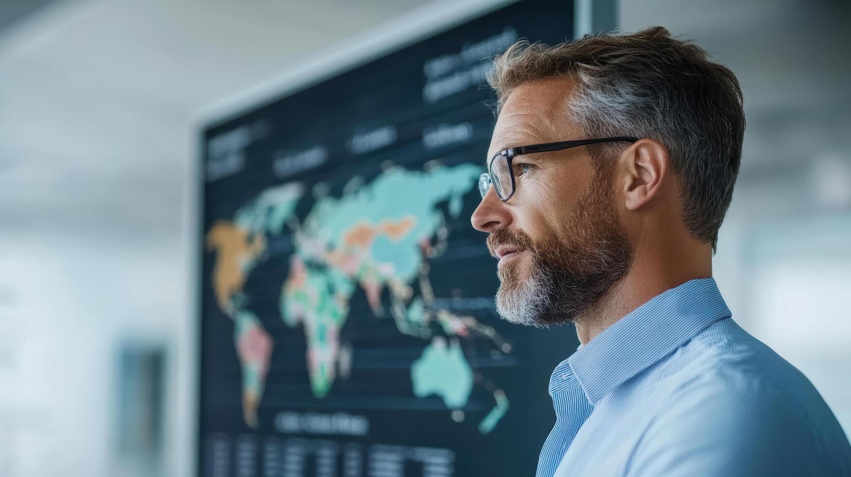 professional man observes world map with growth projections, reflecting on global trends photo